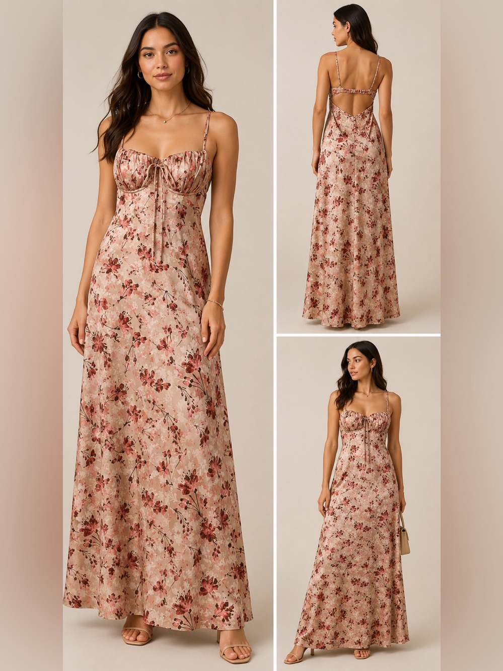Women’s One Clothing Los Angeles Floral Satin Maxi Dress, Pink Blush-NWT